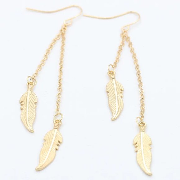 Other - NEW! Gorgeous Long Flowing Feather Duo Dangling Gold Earrings - Boho! Ethnic!
